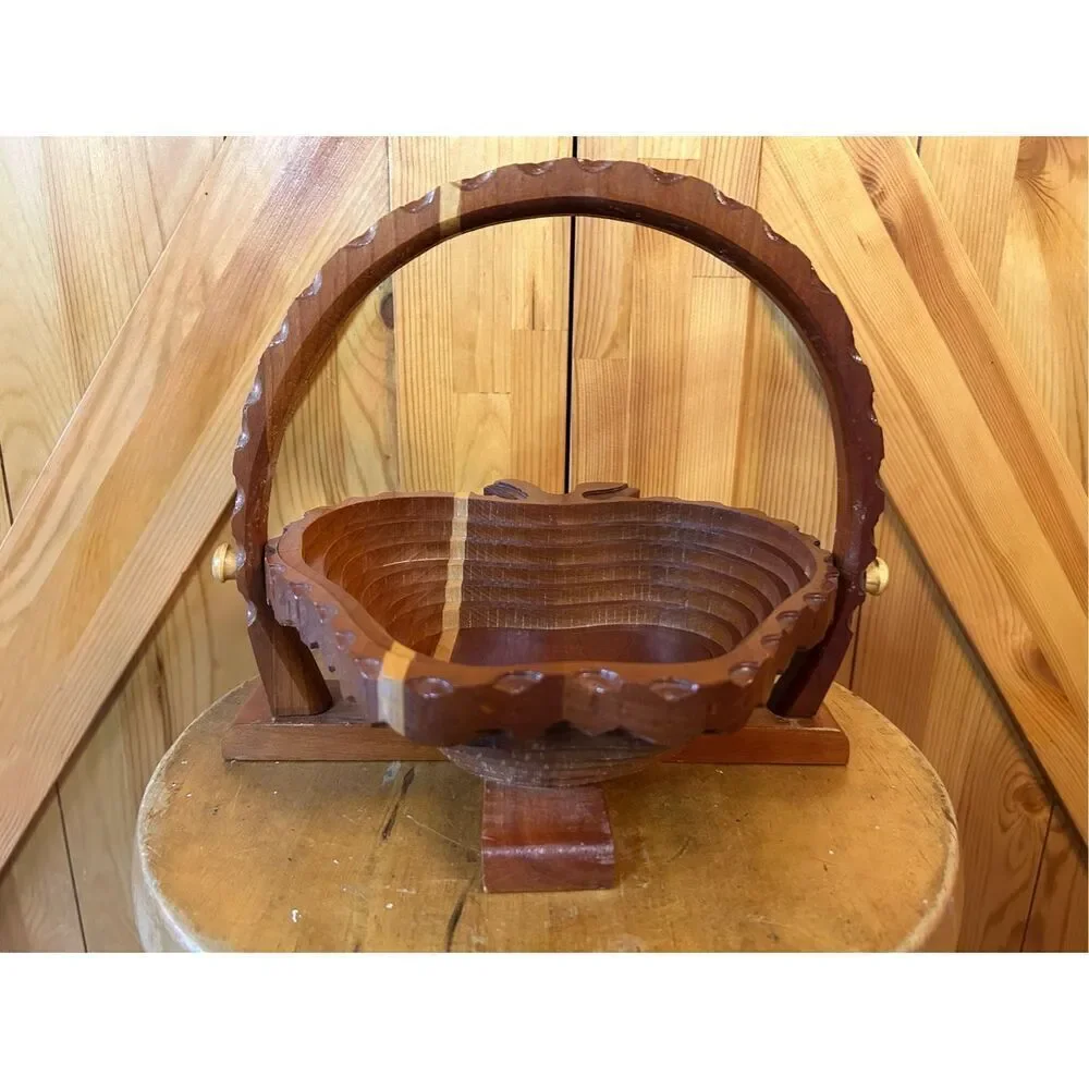 Vintage Hand Carved Wooden Collapsible Apple Basket Bowl Holder (5123)